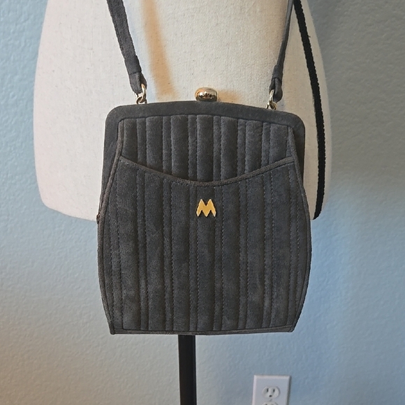 VINTAGE MARY ANN ROSENFELD Gray Suede Crossbody Bag Leather Interior Snap Close - Picture 1 of 9